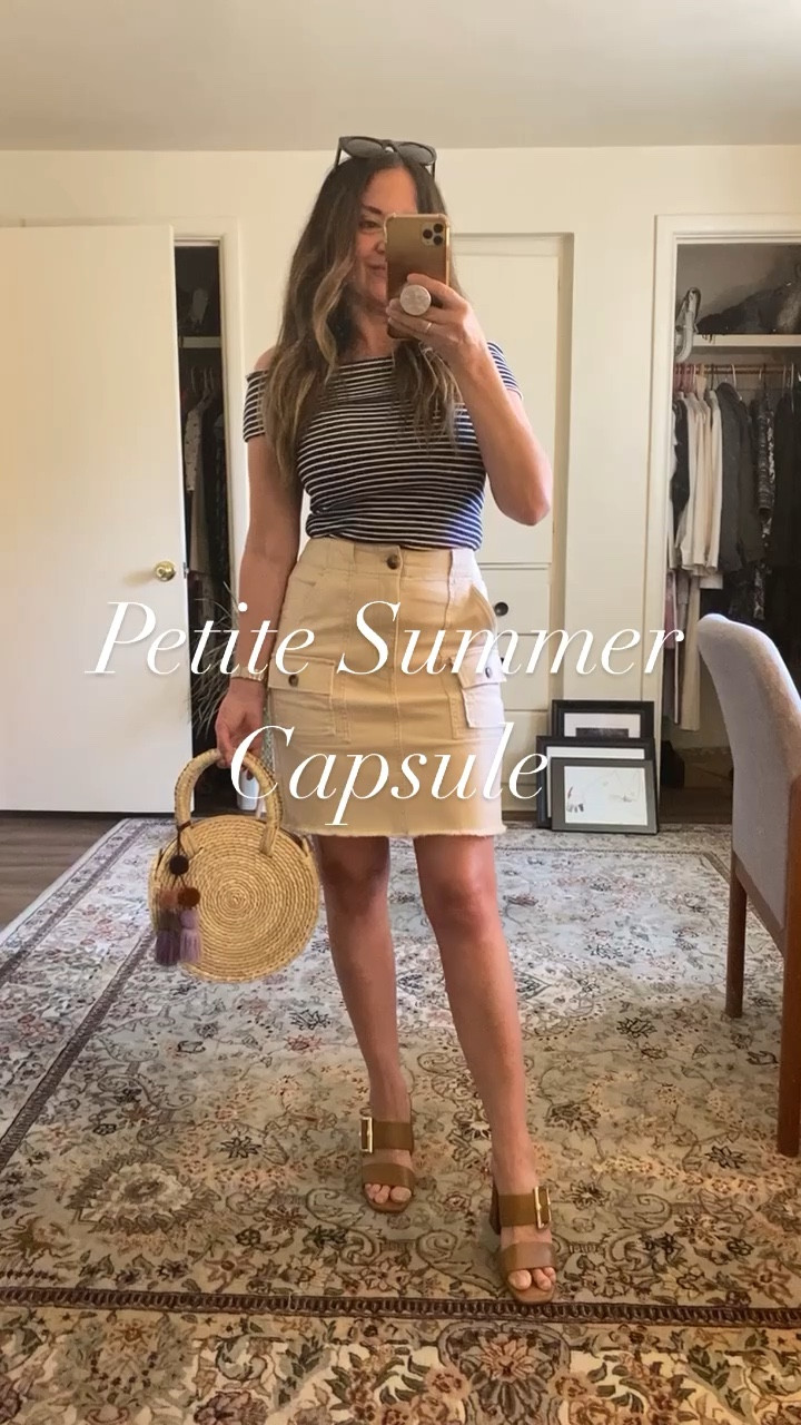Petite summer travel capsule from @loft - 40% off all weekend. I am 5’1” and 120lbs and I love how comfortable and effortless their clothing is - with great prices too! Incredible quality. Très chic! 

Wearing XS and 0 in all petite sizes - with exception of the striped pants - those are a petite 2. 

Seen here- denim cargo mini in tan, off shoulder top, pinstriped cropped jeans, line mini shift dress, sailor high waisted pants, gypset summer striped tunic dress. 
#petitestyle #agelesspetitestyle

#LTKSeasonal #LTKFind #LTKxNSale
