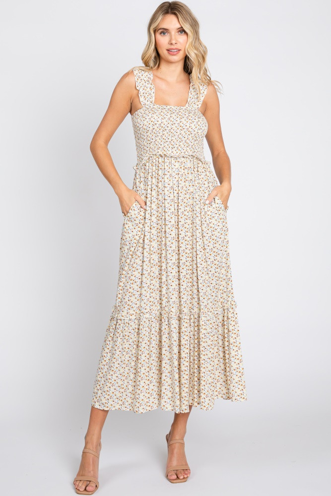Cream Floral Sleeveless Smocked Ruffle Midi Dress | PinkBlush Maternity