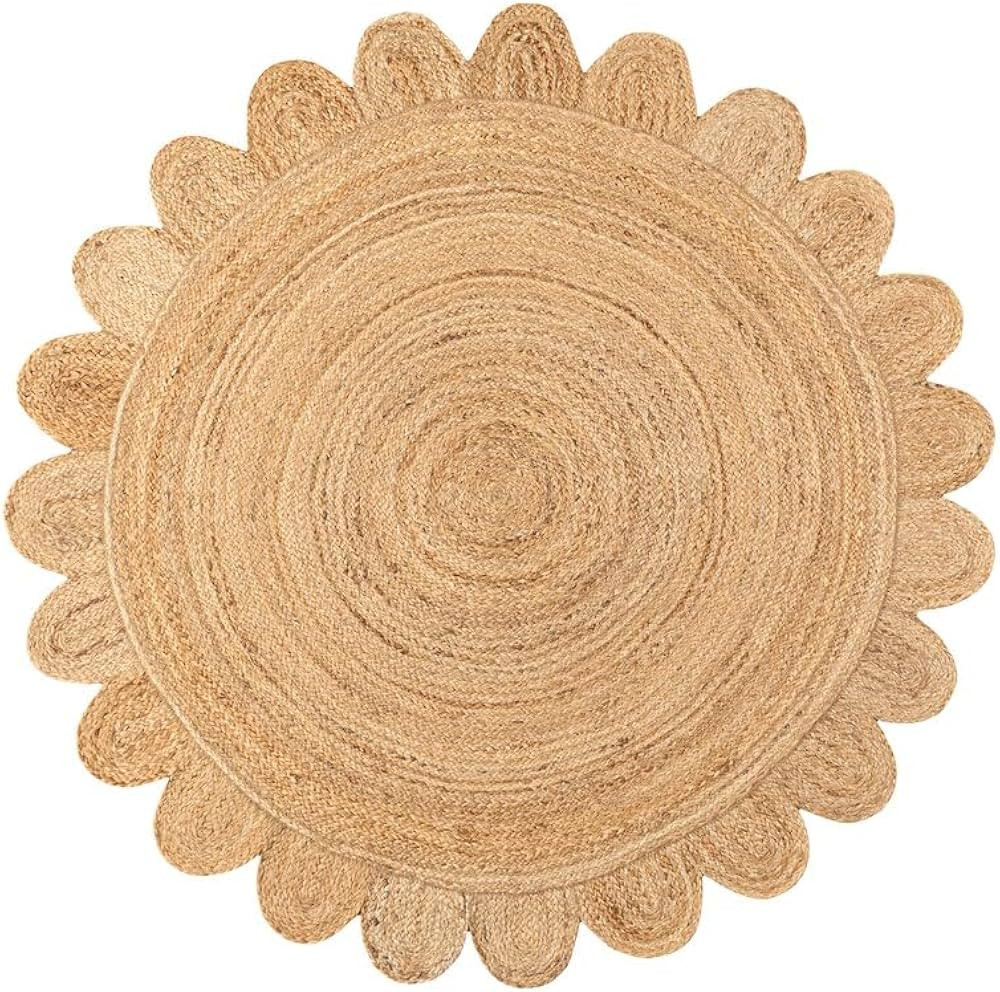 2x2 Ft Feet Natural Jute Scallop Round Rug, Scalloped 'Natural' Edge Color Braided Reversible Riv... | Amazon (US)