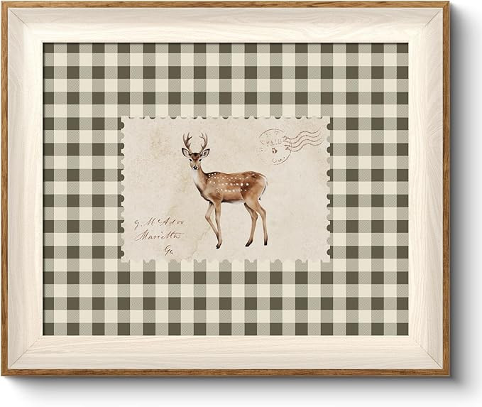 VIYYIEA Framed Wall Art for Living Room, Sika Deer Stamp Canvas Prints, Green Home Decor, Animals... | Amazon (US)