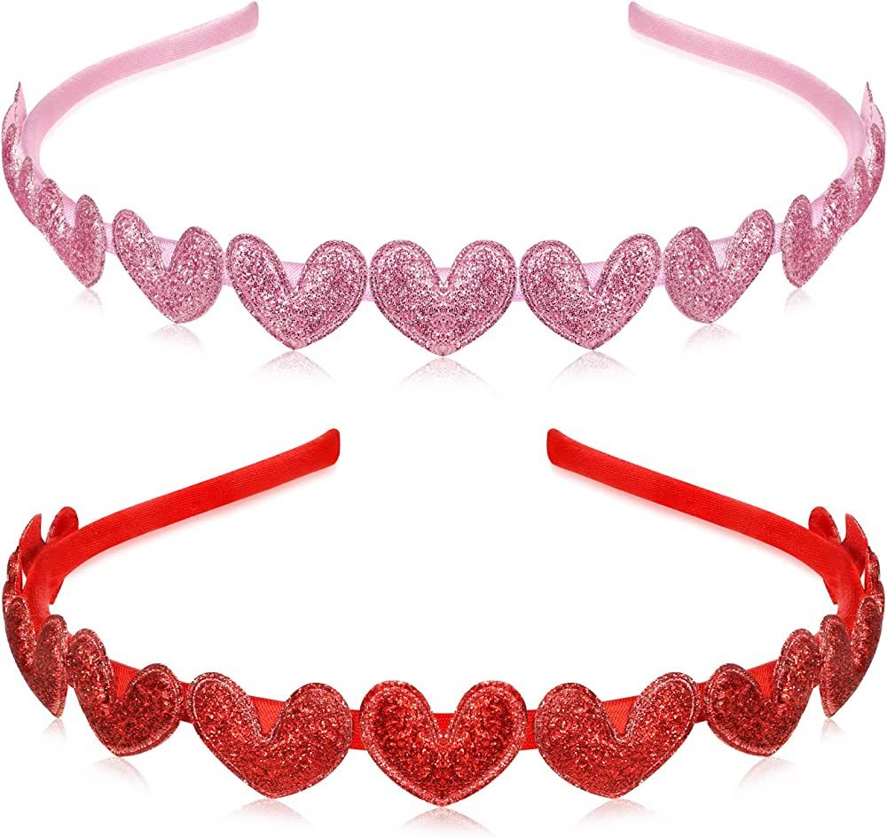 MTLEE 2 Pcs Valentines Day Glitter Hearts Headband Girls Cute Heart Headband Red Pink Cupid Headb... | Amazon (US)