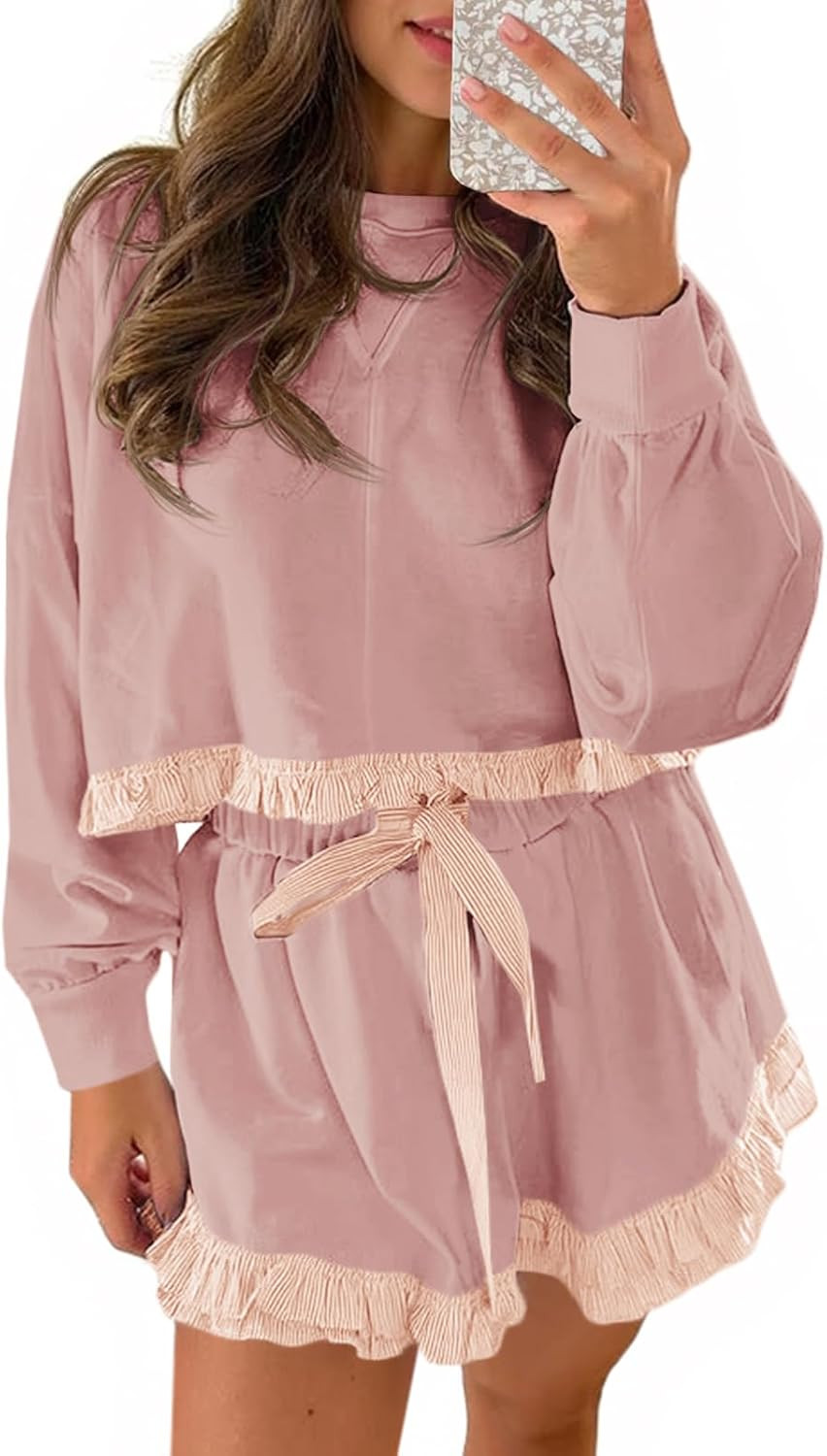 Fisoew Women's 2 Piece Lounge Sets Color Block Ruffle Cropped Sweatshirts Loose Drawstring Waist Shorts Sweatsuits | Amazon (US)