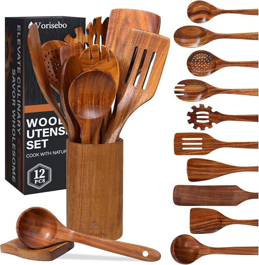 12 Pcs Teak Wooden Utensils Set, Wooden Spoons for Cooking | Amazon (US)