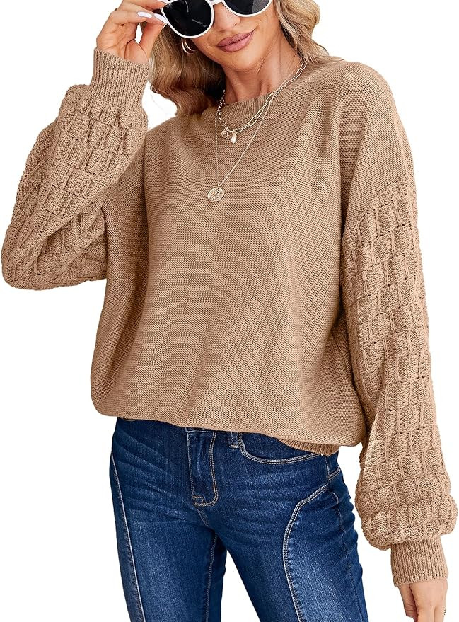 Miessial Women's Pullover Sweaters Casual Cable Knit Chunky Sweater Lantern Sleeve Crewneck Loose... | Amazon (US)