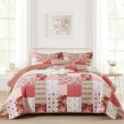 Anibedding 3Pieces Patchwork Quilts Queen Size, Bohemian Red Flower Plaid Bedspreads with Double Pillowcases for All Season | Amazon (US)