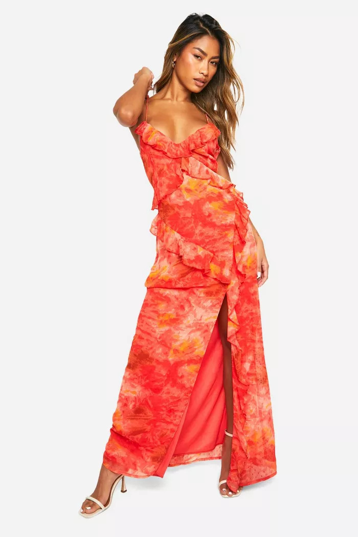 Printed Chiffon Ruffle Maxi Dress | boohoo (US & Canada)