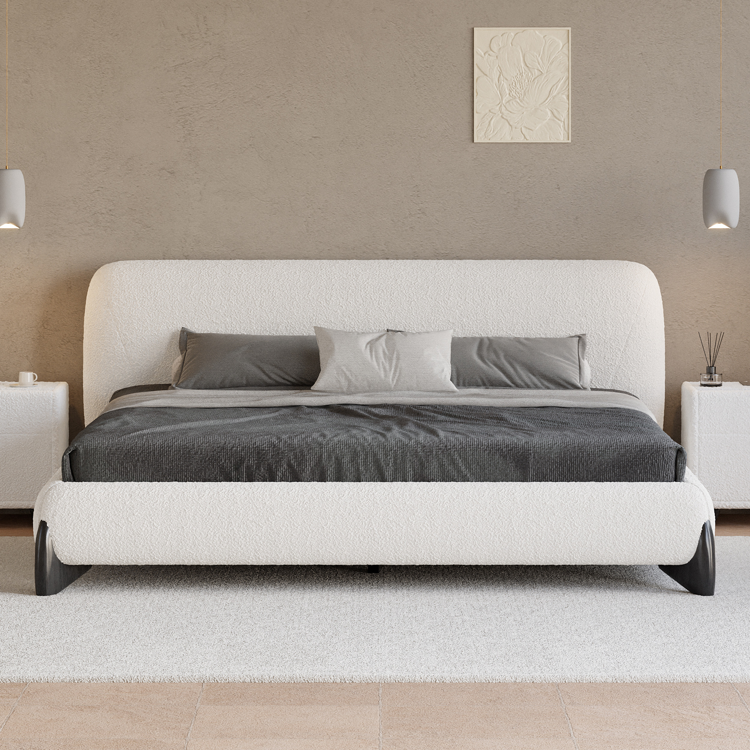 Homary King Size Modern Upholstered Bed Frame with Headboard White Boucle Mid-Century Modern Platform Bed | Homary