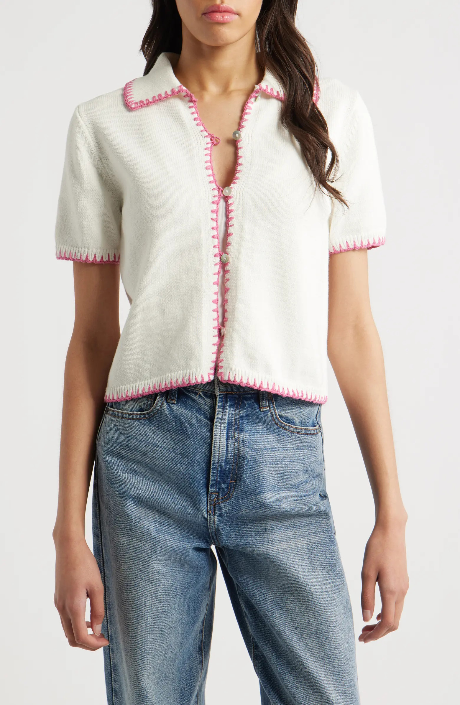 Maliah Blanket Stitch Cotton Polo Sweater | Nordstrom