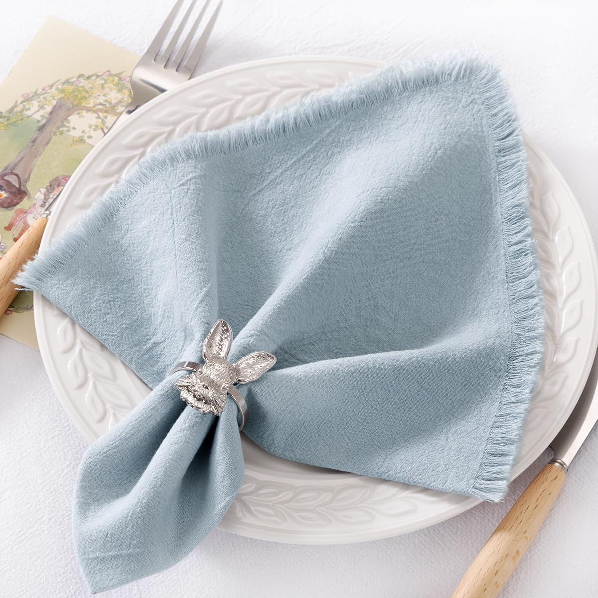DeZerlor 12 Pack Gray- Blue Cotton Linen Napkins with Fringe Spring Cloth Napkins Set of 12 Boho ... | Amazon (US)