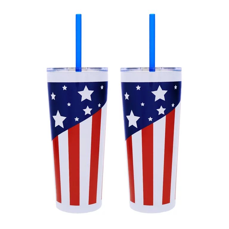 Silver Buffalo Patriotic Stars and Stripes Double Walled Stainless Steel Tumbler with Straw, 22 o... | Walmart (US)