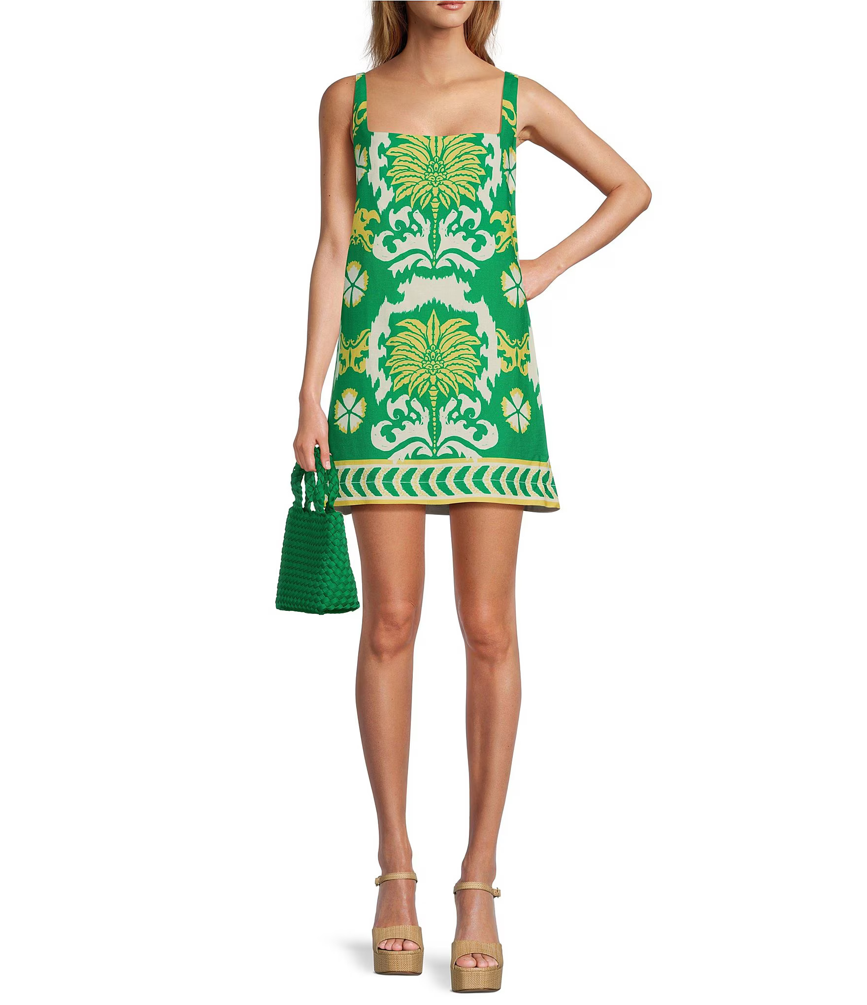 Eliana Printed Linen Blend Square Neck Mini Dress | Dillard's