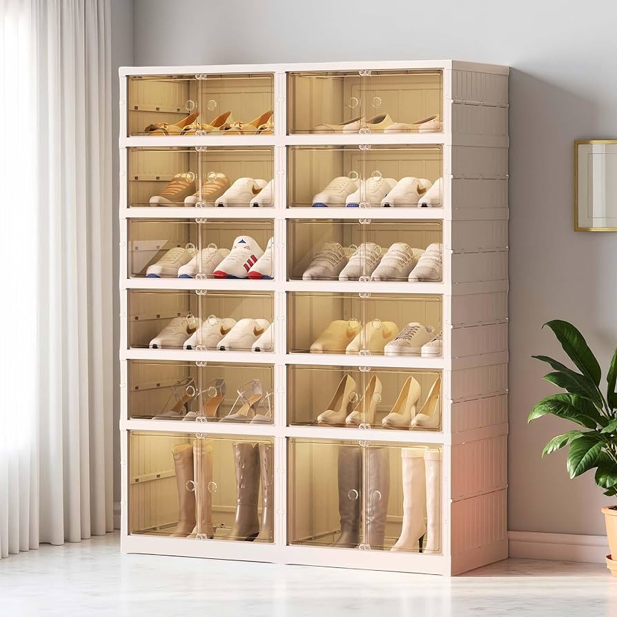 6 Tier 24 Pairs Large Shoe Rack Organizer with Doors, Foldable Collapsible Plastic Shelf, Stackab... | Amazon (US)
