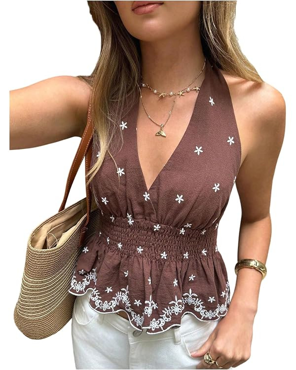 BEAUDRM Women's Floral Halter Peplum Top Y2k Ruffle Open Back Sleeveless Summer Vacation Tank Top... | Amazon (US)