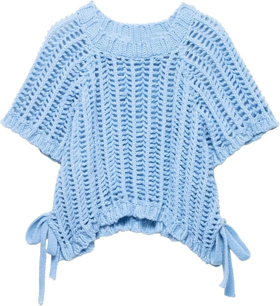 Womens Crochet Knit Sweater Vest Crop Top Cute Loose Fit Short Sleeve Side Bow Tie Hollow Out Pul... | Amazon (US)