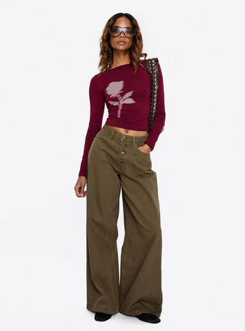 Naylor Mid Rise Wide Leg Jeans Olive | Princess Polly US