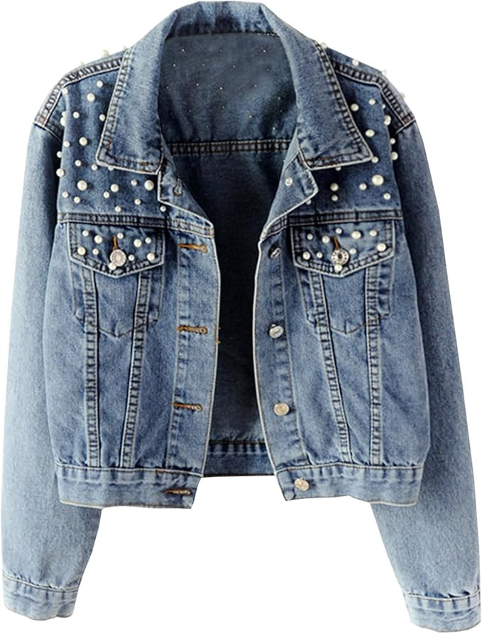 Hixiaohe Women Loose Embroidered Pearls Beading Cropped Denim Jacket Jean Coat | Amazon (US)