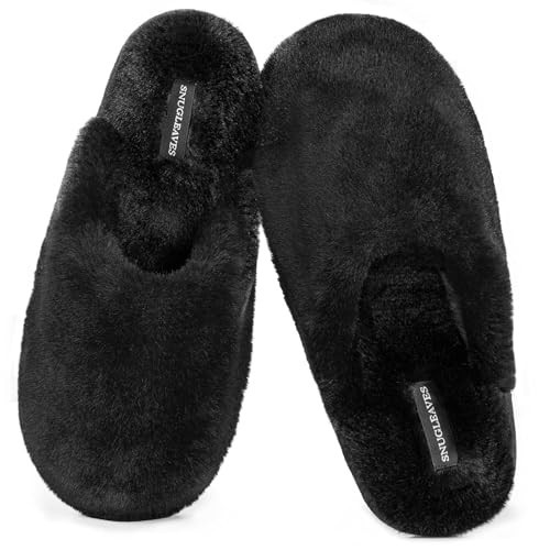 Snug Leaves Women's Fuzzy Scuff Slippers Soft Comfy Memory Foam Non-slip Indoor House Shoes (Black, Size 11-12) | Amazon (US)