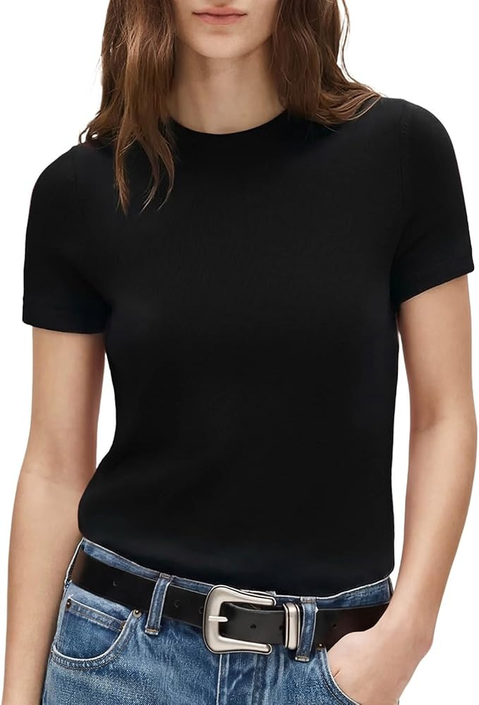SUUKSESS Women Silk Cashmere Blend Crew Neck Short Sleeve Sweaters Casual Blouse | Amazon (US)