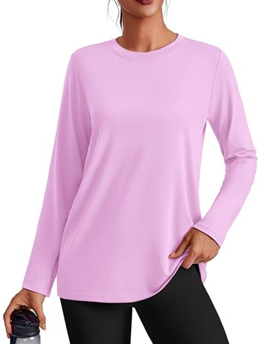 PINSPARK Active Long Sleeve Tops for Women Workout Top Loose Fit Athletic Shirts Wicking Yoga Shirt Crewneck SPF Shirts, Light Pink Large | Amazon (US)