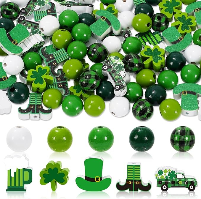 Whaline 210Pcs St. Patrick's Day Wooden Beads with Hemp Rope Green Shamrock Beads Green Black Pla... | Amazon (US)