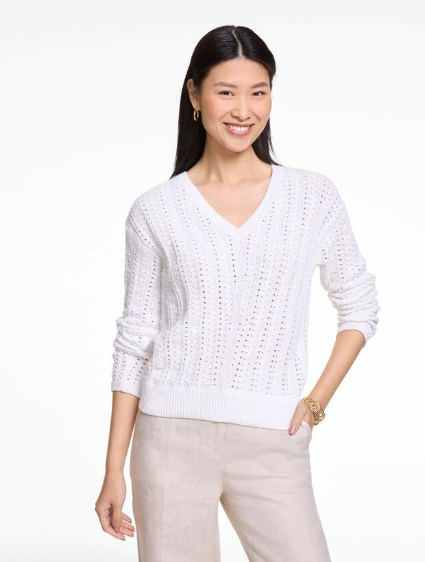 Chevron Pointelle V-Neck Pullover | Talbots