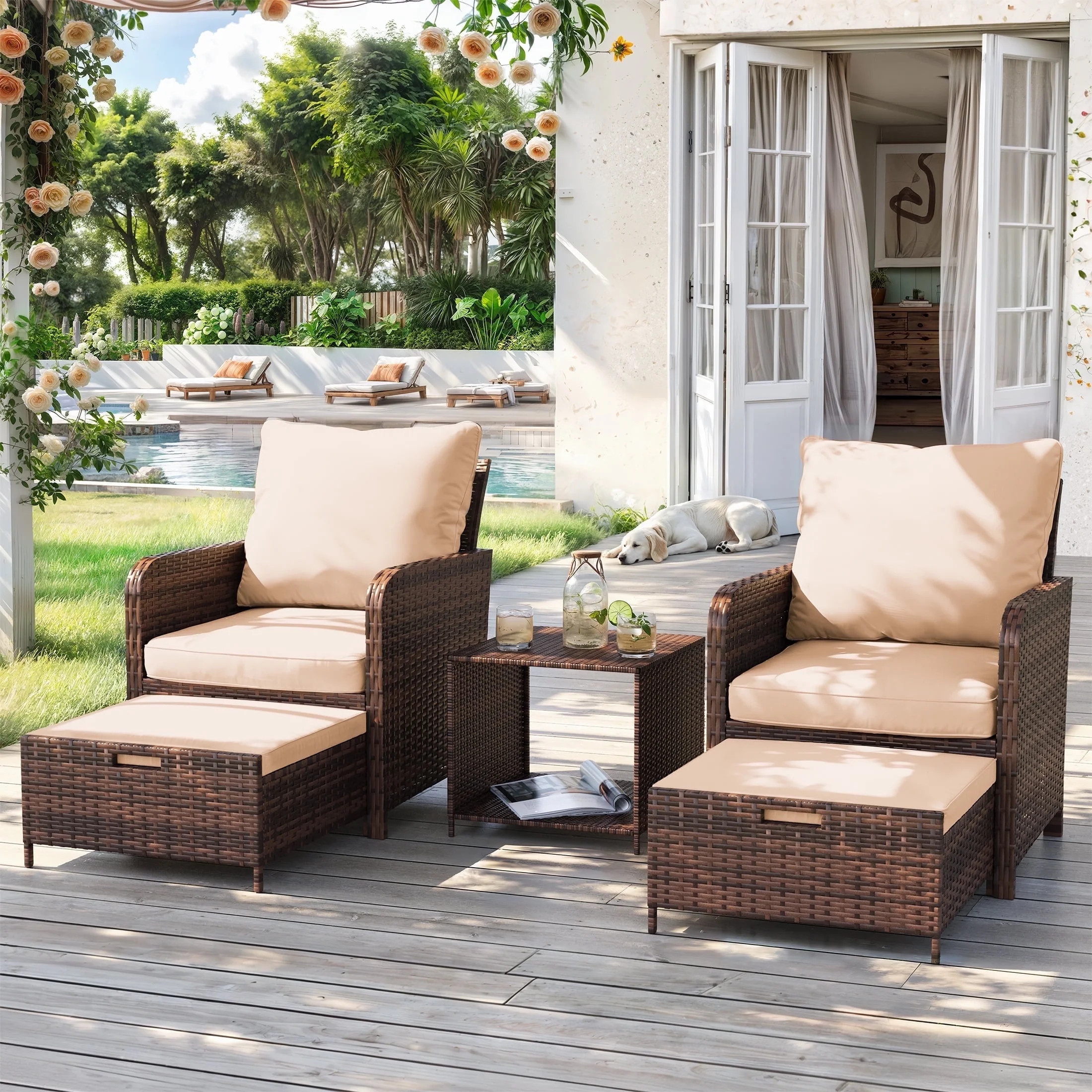 Poteban Balcony Furniture 5 Piece Patio Furniture Set, Outdoor Patio Chair with Ottoman for Front... | Walmart (US)