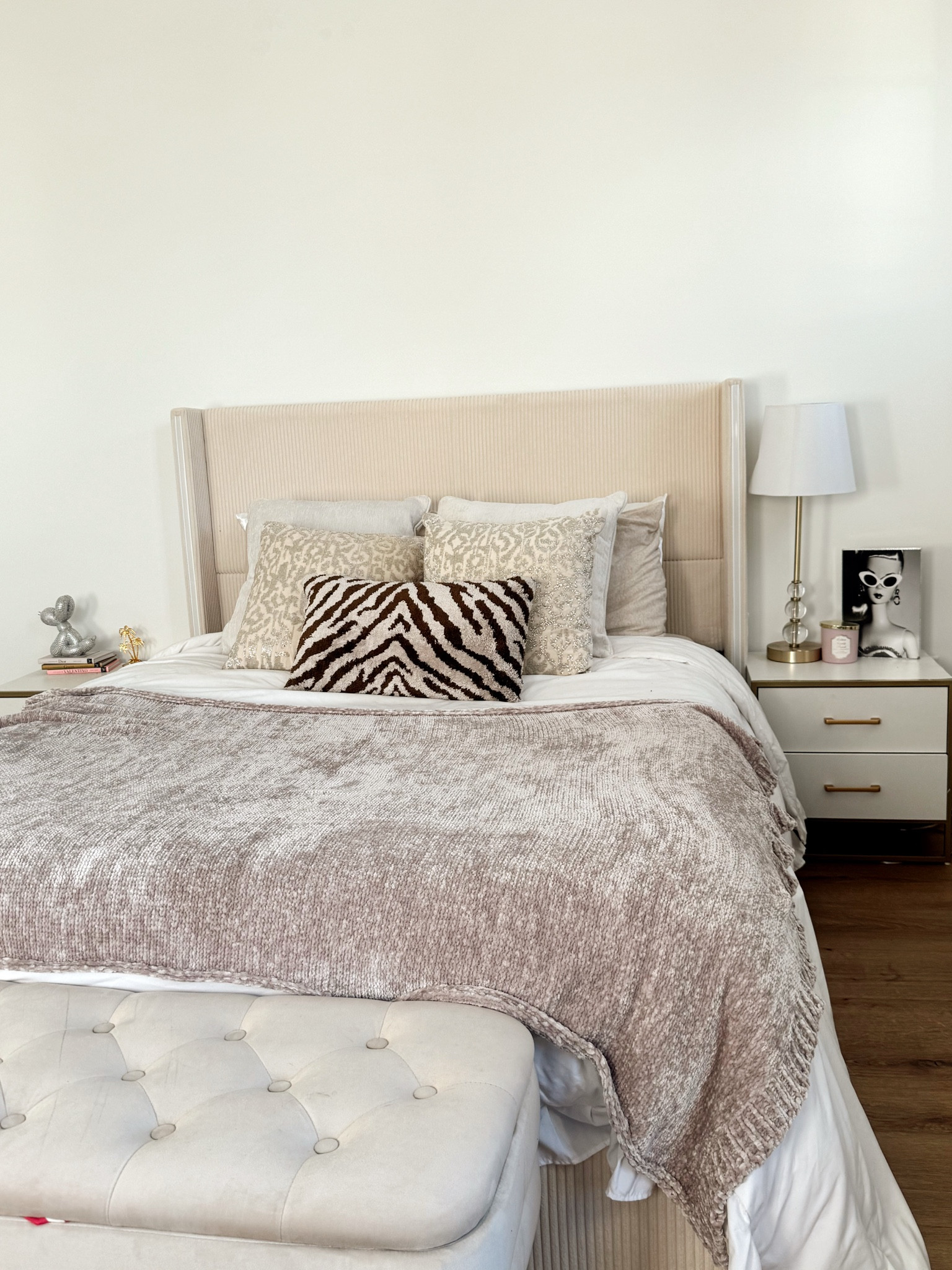 bed & nightstands & ottoman- the bed has drawers on the side and a romote holder, the ottoman is from shein and super good quality, the blanket is soo soft, i love my comforter too from amazon the quality is super good, & i couldnt find the exact pillows but i did find some cute ones linked below!!

#LTKHome