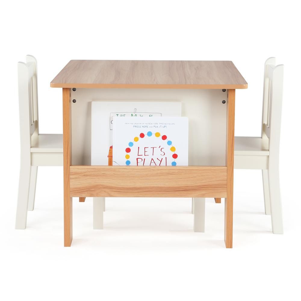 Humble Crew Journey 3 Piece Natural/White Kids Bookrack Table and Chair Set | The Home Depot