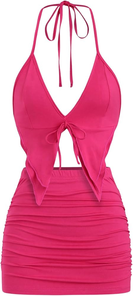 SHENHE Women's Y2k 2 Piece Sexy Outfits Backless Halter Crop Top and Ruched Bodycon Mini Skirt Se... | Amazon (US)