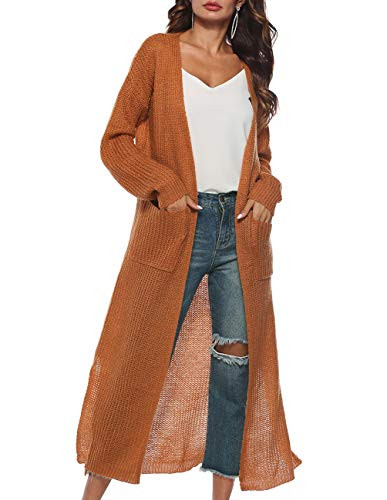 Womens Casual Long Sleeve V Neck Cardigan Coat Knit Cardigan Sweater Slit Long Duster Cardigan Pockets Pumpkin Spice L | Amazon (US)