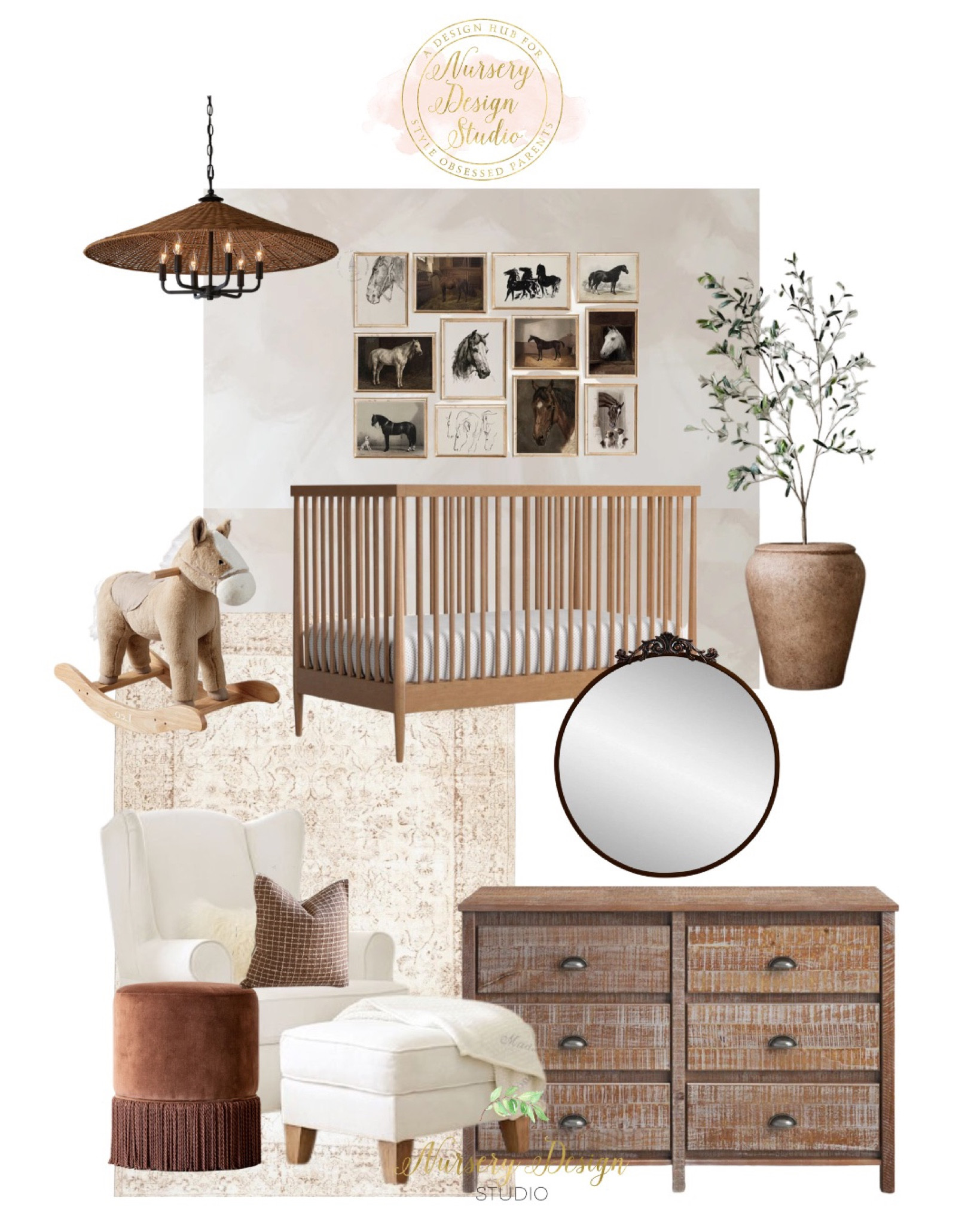 Refined luxury nursery, woven lighting, planter, brown stool, dark wood furniture 

#LTKbaby #LTKsalealert #LTKhome