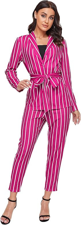 Amazon.com: SheIn Women's Two Piece Plaid Open Front Long Sleeve Blazer and Elastic Waist Pant Se... | Amazon (US)