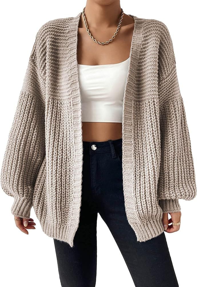 MakeMeChic Women's Casual Open Front Lantern Long Sleeve Chunky Knit Cardigan Sweaters | Amazon (US)