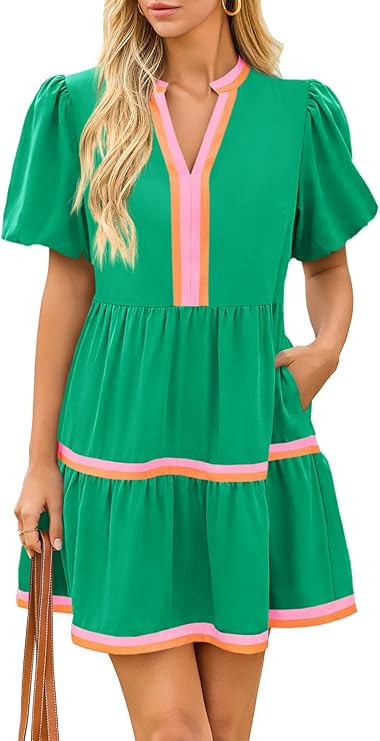 Cicy Bell Womens V Neck Floral Mini Dress Short Puff Sleeve Patchwork Summer Casual Boho Dresses | Amazon (US)