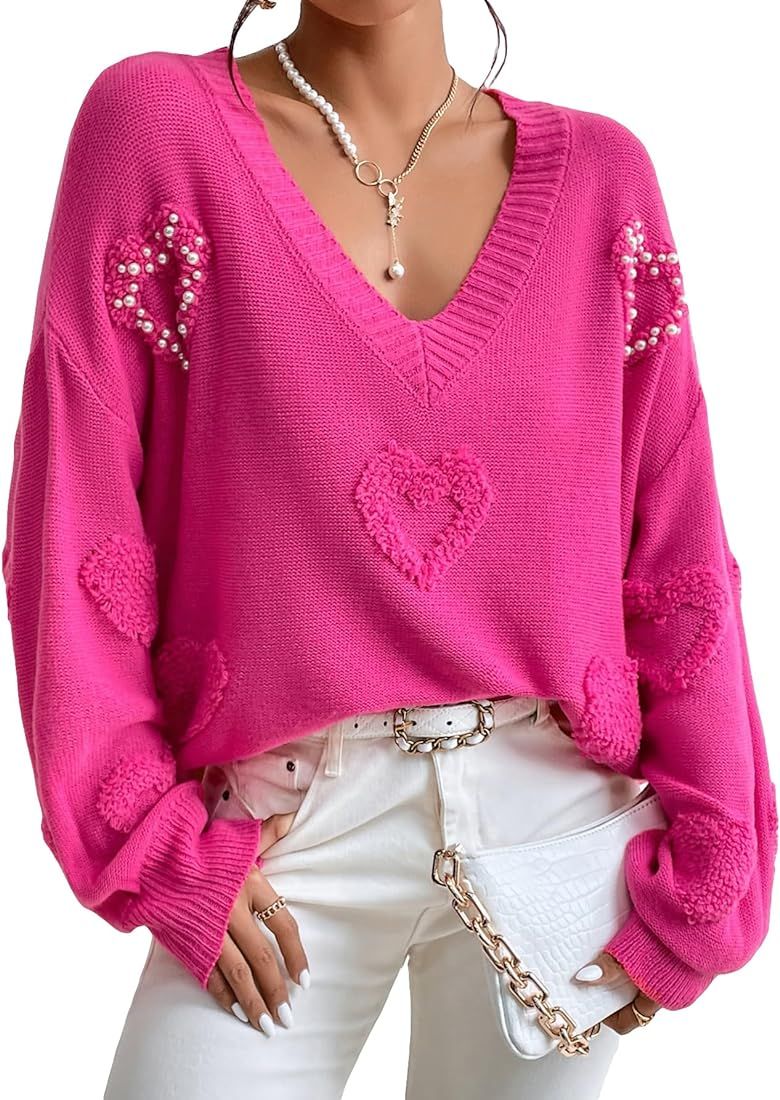Verdusa Women's Pearls Heart V Neck Drop Shoulder Sweater Long Sleeve Loose Knit Top | Amazon (US)
