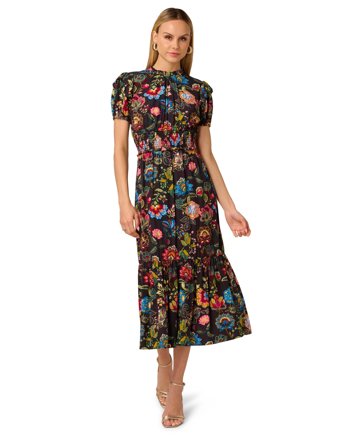 Adrianna Women's Short-Sleeve Midi Dress - Black Multi | Macy's