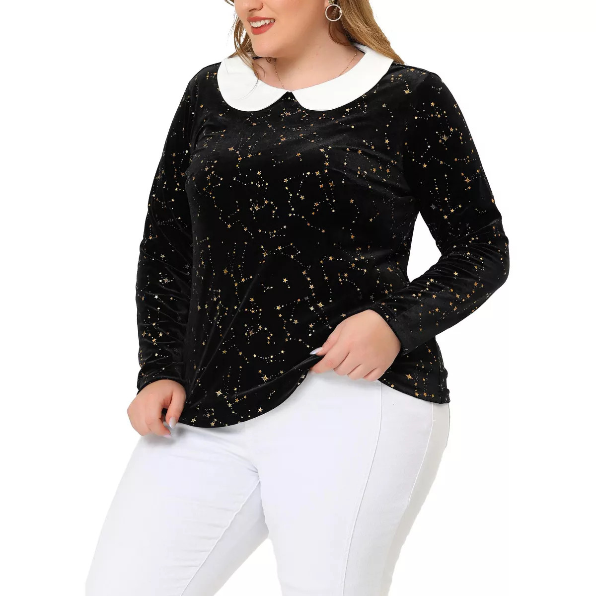 Agnes Orinda Women's Plus Size Long Sleeve Peter Pan Collar Stars Vintage Velvet Blouse | Target