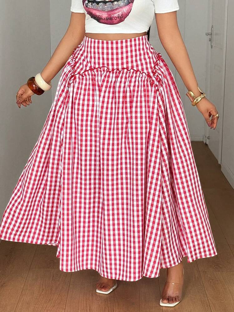 Maweii Plus Size Plaid Pleated Long Skirt, Summer | SHEIN