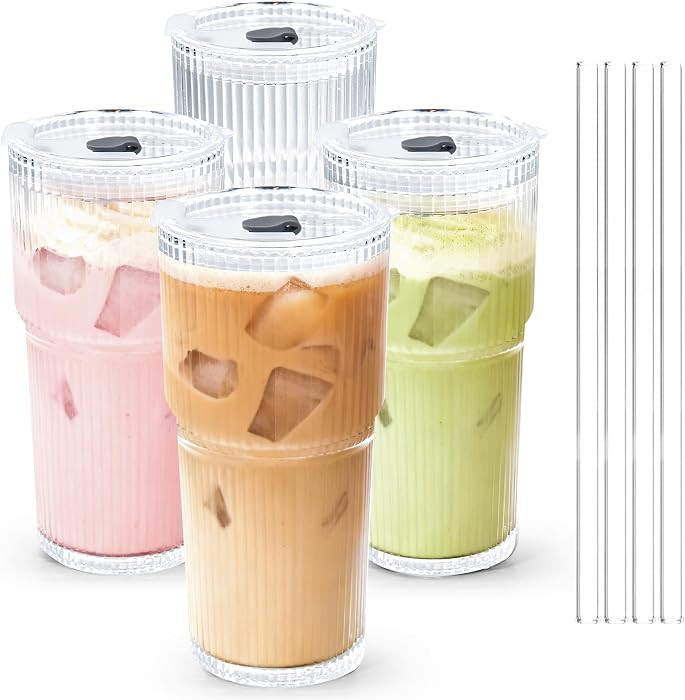 20 oz 4 Pcs Glass Cups with Lids and Straws Ribbed Iced Coffee Glasses Tumbler Vintage Drinking G... | Amazon (US)