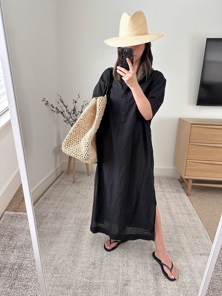Neutral Resort wear. Petite vacation looks. This caftan is great. Works for petite length wise. Comfy with pockets. 

Everlane caftan xxs
Haviannas flip flops 5
Anine Bing tote in xl. Very large. 
Janessa Leone hat small 

#LTKtravel #LTKswim #LTKSeasonal