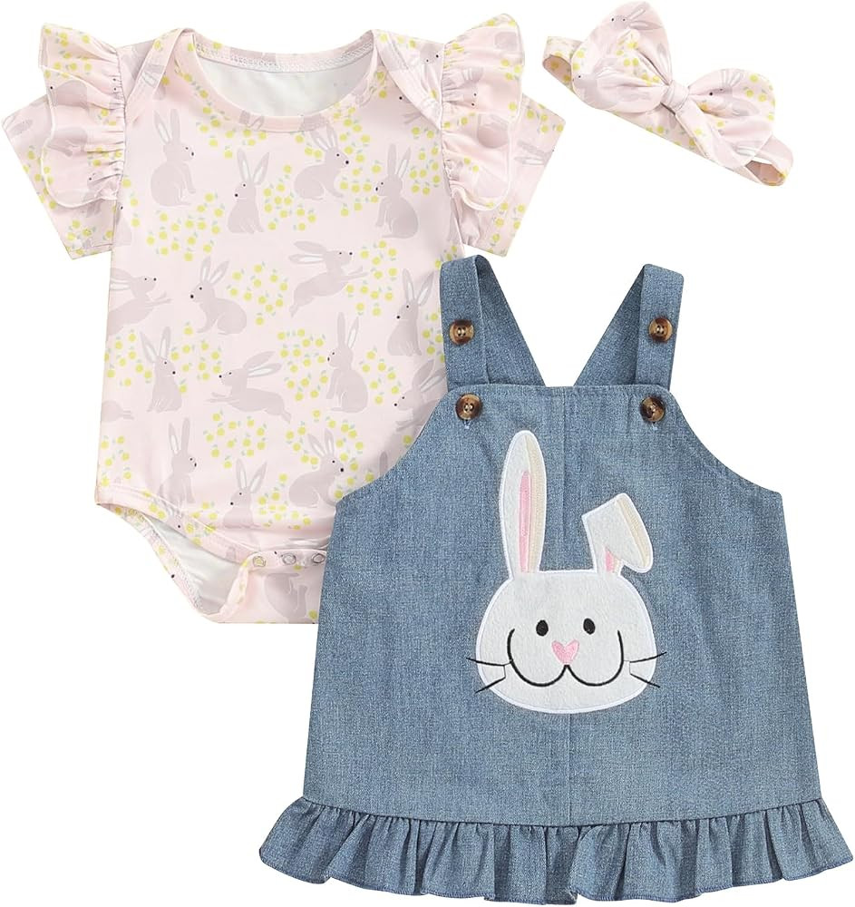 BeQeuewll Newborn Infant Girl Easter Outfit Bunny Dress Overall Skirt Ruffle Romper with Headband... | Amazon (US)