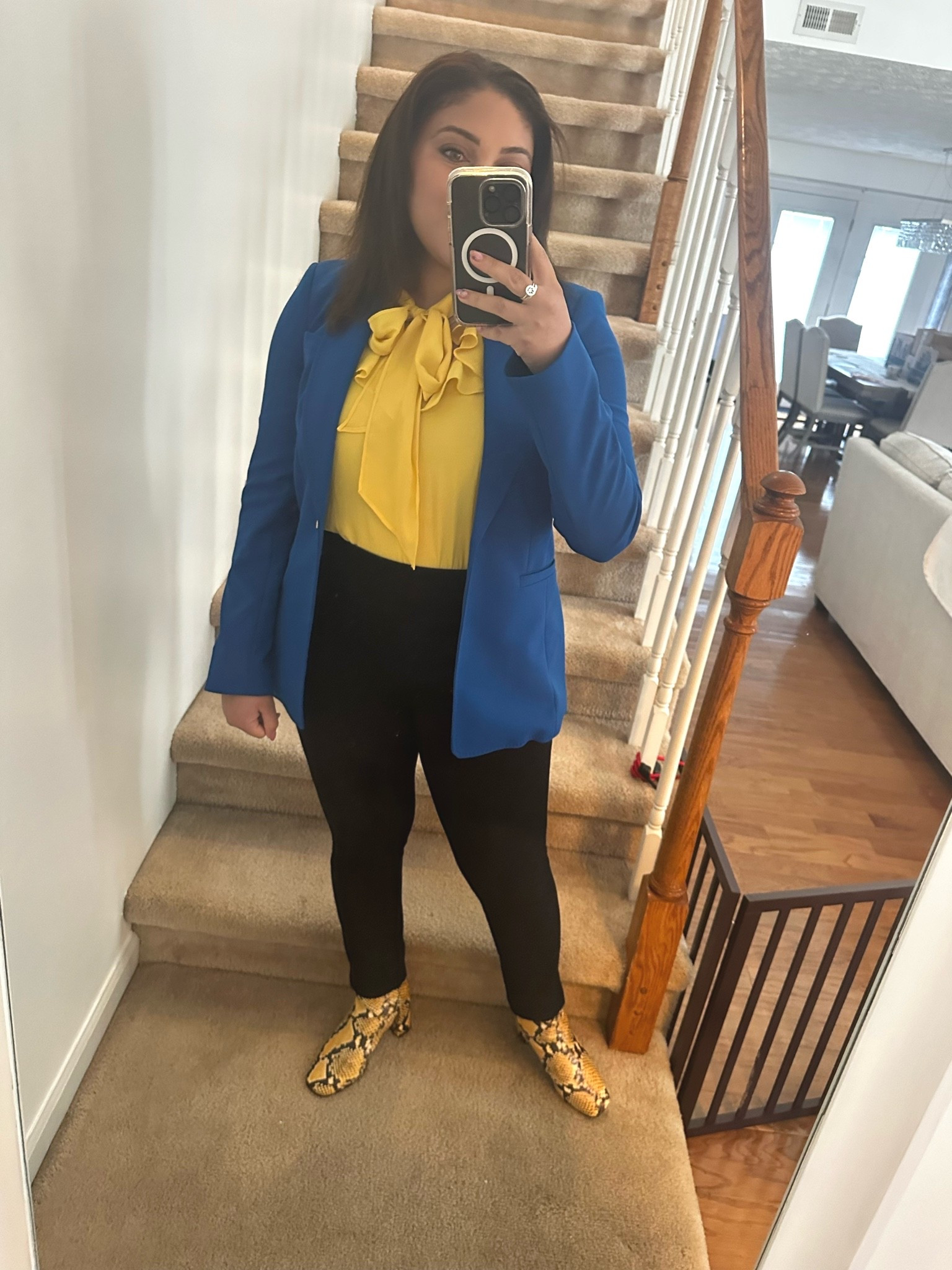 Blue and yellow, blazer, blouse, and slacks with mock snake skin boots

#LTKootd #LTKPetite #LTKWorkwear