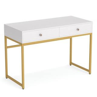 Ellie 47 in. Rectangular Golden Metal White Particle Board Wood 2 Drawer Laptop Desk Makeup Vanit... | The Home Depot