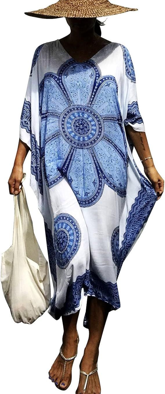 Bsubseach Women Bathing Suit Cover Up Ethnic Print Kaftan Beach Maxi Dresses | Amazon (US)