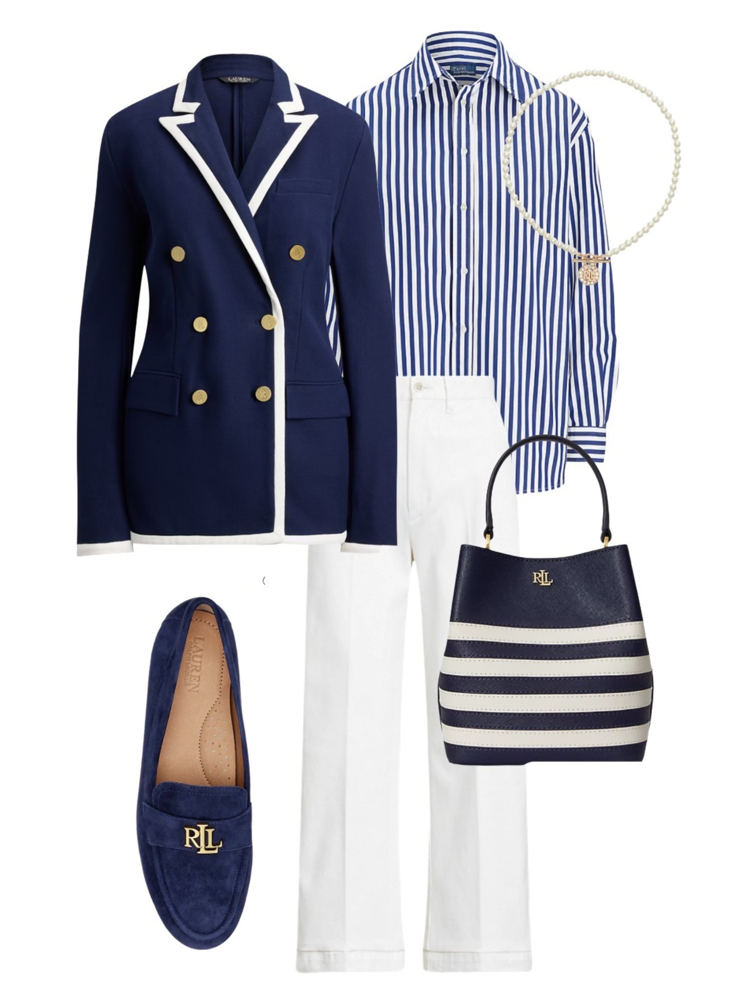 Nautical chic from Ralph Lauren - partner this two tone navy blazer and bucket bag with a blue stripe shirt, navy loafers and white trousers for a timeless on elegant look that will take you anywhere. 

#LTKspring #LTKeurope #LTKluxury