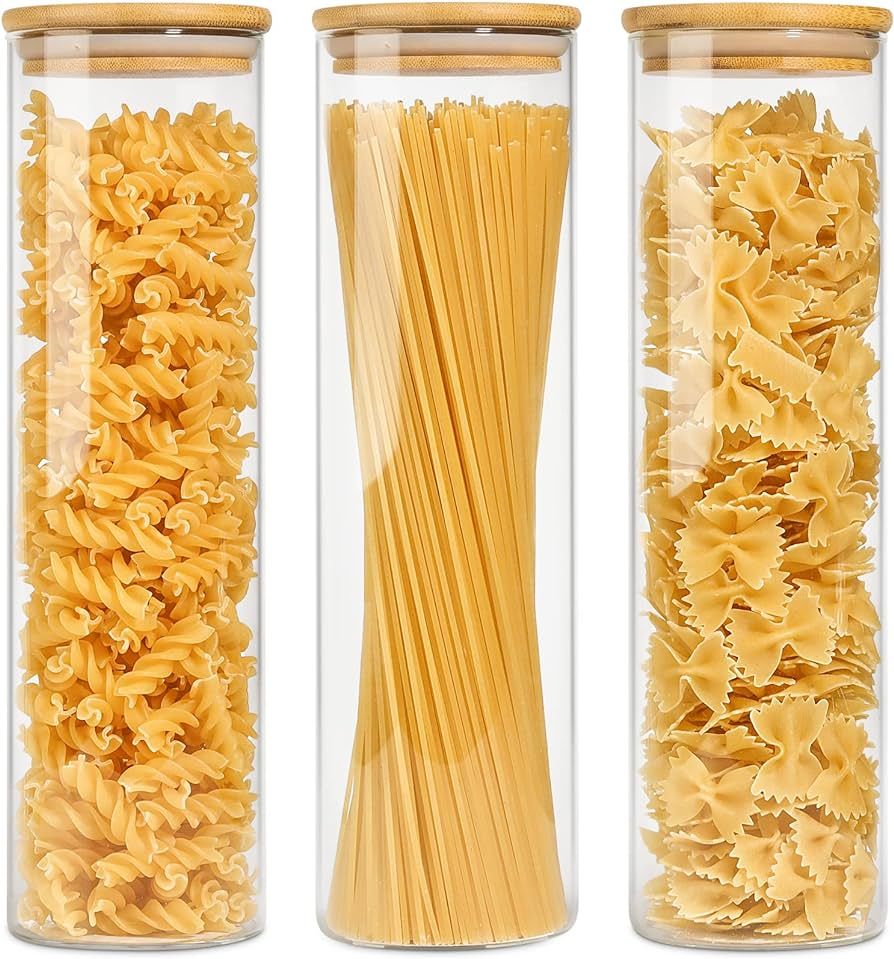 KTMAMA Glass Spaghetti Pasta Storage Container with Lid 47oz, Tall Clear Airtight Food Storage Ja... | Amazon (US)