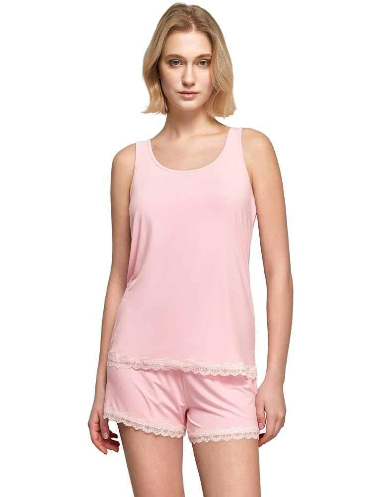 Womens Pajama Sets, Summer Bamboo Viscose Tank Top and Shorts Sleepwear Pjs with Lace Trim | Amazon (US)