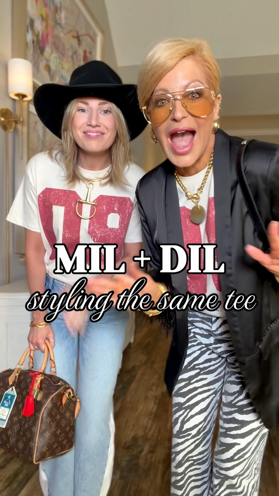 We are both wearing a s/m in our varsity tees  Anna is wearing a 27 in her jeans & I’m wearing a small in mine.  (My feather blazer is old but I linked some similar) 

#LTKvlog #LTKFestival #LTKdayinmylife