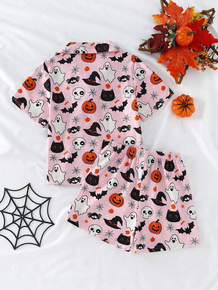 2pcs/Set Young Girl' Halloween Pumpkin, Ghost, Goblin Print Short Sleeve Shorts Pajama Set, Comfo... | SHEIN