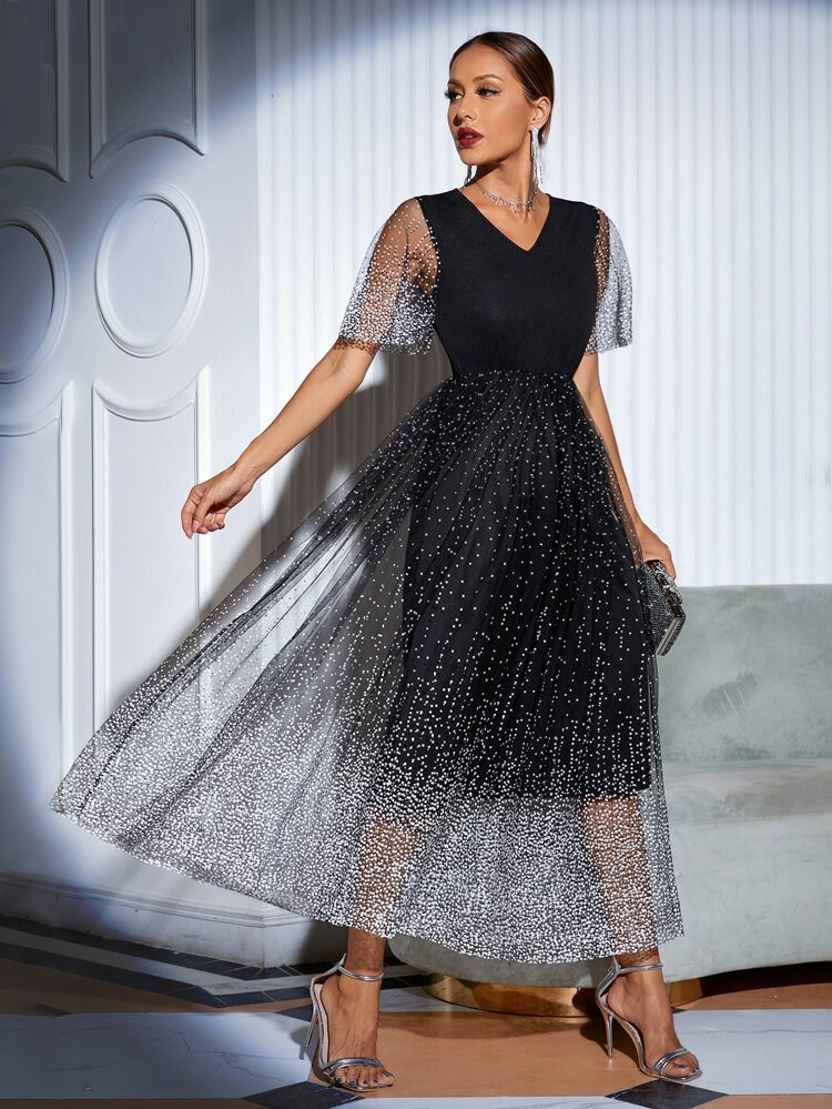 V Neck Contrast Dobby Mesh Dress | SHEIN